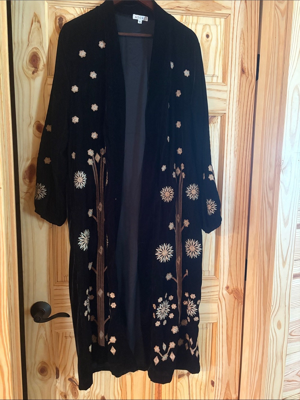 Adore Black Velvet Embroidered Long Duster with Gold Floral Motifs